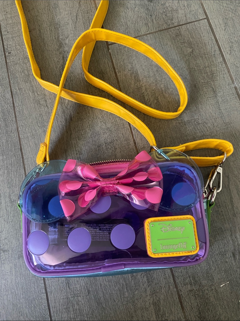 Disney Loungefly Adult Minnie Clear Crossbody Bag with Pink Bow and Yellow Strap